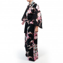 Japanese traditional black kimono in satin cotton with peony and chrysanthemum pattern for women, KIMONO BOTAN TO KIKU