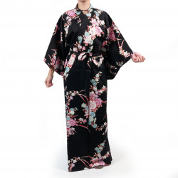 Japanese traditional black kimono in satin cotton with peony and chrysanthemum pattern for women, KIMONO BOTAN TO KIKU