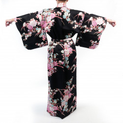 Japanese traditional black kimono in satin cotton with peony and chrysanthemum pattern for women, KIMONO BOTAN TO KIKU