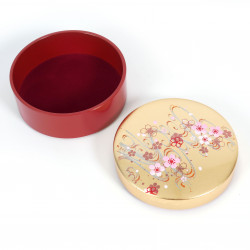 Red and gold Japanese jewelry box in resin with a cherry blossom river motif, SAKURAGAWA