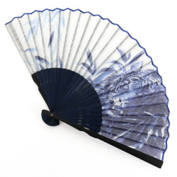 Japanese blue cotton and bamboo fan with traditional tiger pattern, TORA, 22cm