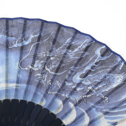 Japanese blue cotton and bamboo fan with dragon motif, RYU, 22cm