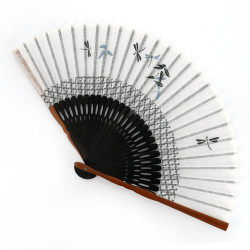 Ventaglio giapponese in cotone nero e bambù con motivo a libellula leggera, KAGERO, 22 cm