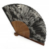 Japanese black cotton and bamboo fan with bamboo and tiger pattern, MATSU TAKA, 22cm
