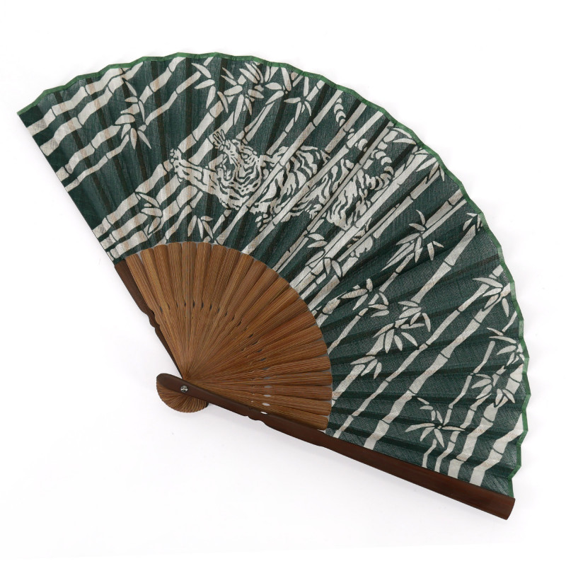 Japanese green cotton and bamboo fan with bamboo and tiger pattern, TAKE TORA, 22cm