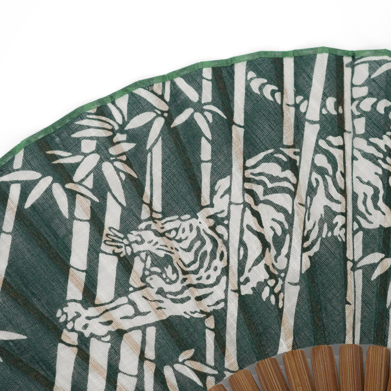 Japanese green cotton and bamboo fan with bamboo and tiger pattern, TAKE TORA, 22cm