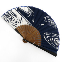 Japanese blue cotton and bamboo fan with fish pattern, SAKANA, 21cm