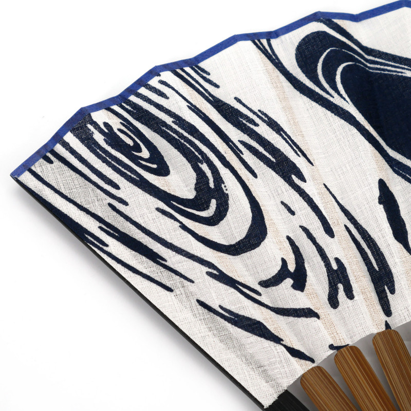 Éventail japonais bleu en coton et bambou motif poissons, SAKANA, 21cm
