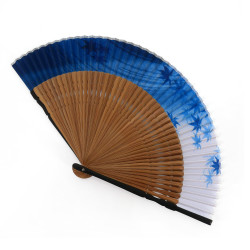 Japanese blue fan in polyester and bamboo with maple leaf pattern, KAEDE, 22cm