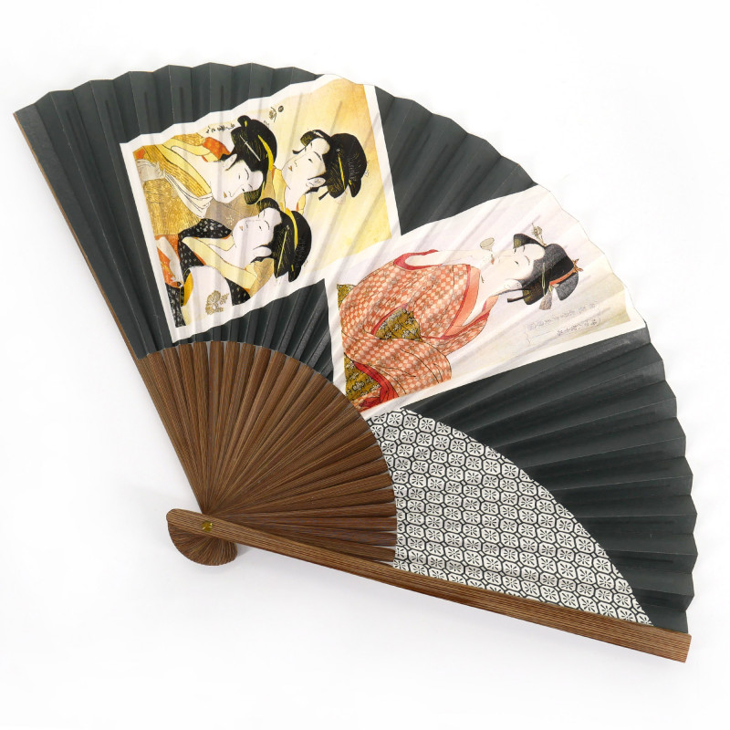 Grauer japanischer Fächer aus Papier und Bambusmuster Japanische Drucke Ukiyo-e, UTAMARO, 22,5cm
