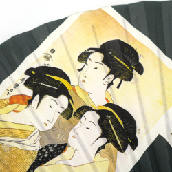 Éventail japonais gris en papier et bamboo motif estampes japonaises Ukiyo-e, UTAMARO, 22.5cm