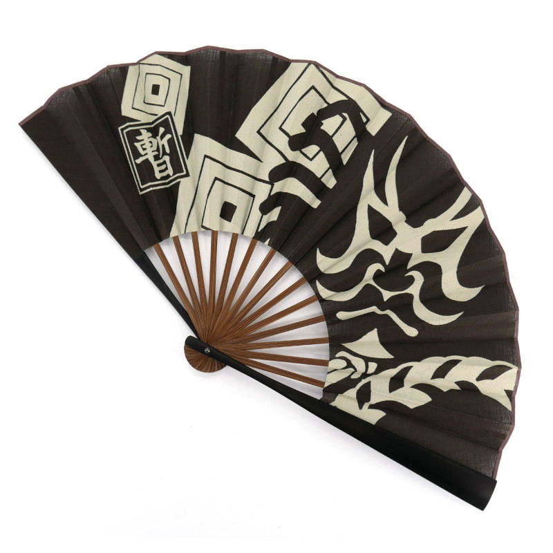 Éventail japonais marron en coton et bambou motif kabuki, SHIBARAKU, 25.5cm