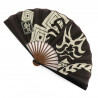 Japanese brown cotton and bamboo fan with kabuki pattern, SHIBARAKU, 25.5cm