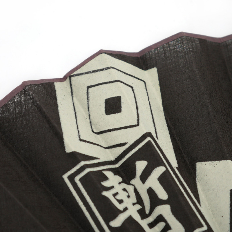 Éventail japonais marron en coton et bambou motif kabuki, SHIBARAKU, 25.5cm