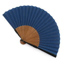 Ventaglio giapponese blu in cotone poliestere e bambù con motivo a onde, SEIGAIHA, 22cm