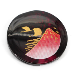 Japanese round black resin pocket mirror with mount fuji and cranes pattern, FUJITSURU, 7cm