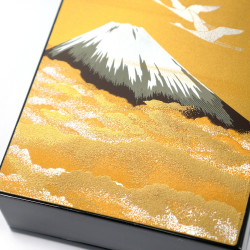 Boîte de rangement japonaise noire en résine motif grues et mont Fuji sous le ciel doré, SHINSHUDAIIPPO, 11x7.5cm