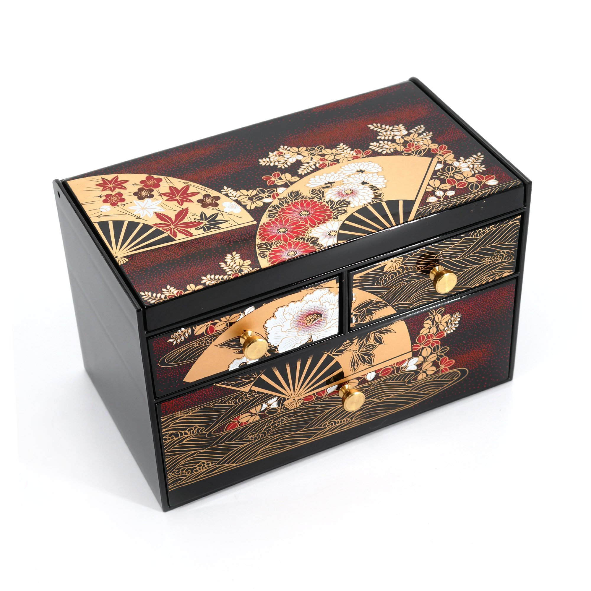 Scatola portaoggetti giapponese in resina nera con specchio e cassetti con  ventagli e motivo floreale, MAIOHGI