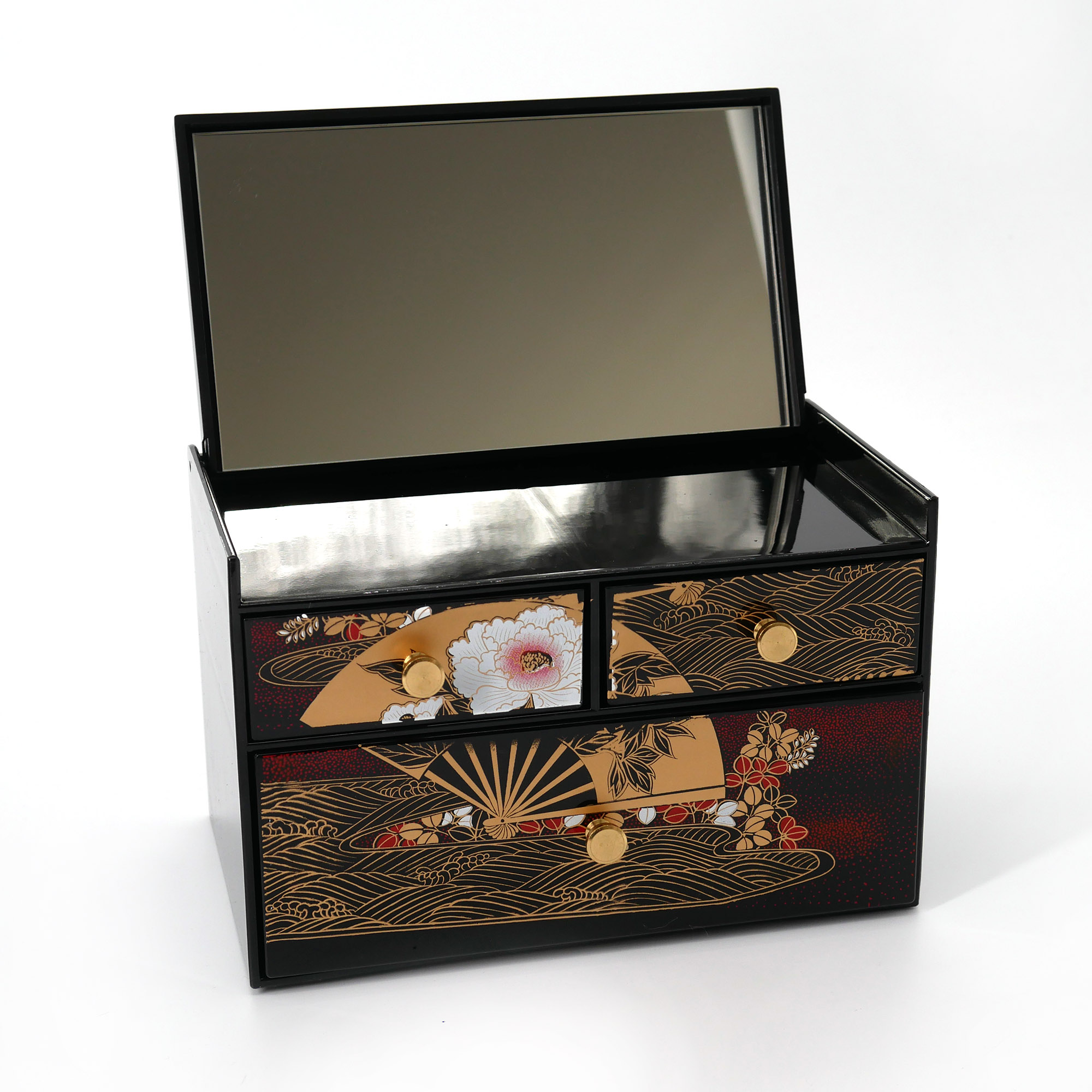 Scatola portaoggetti giapponese in resina nera con specchio e