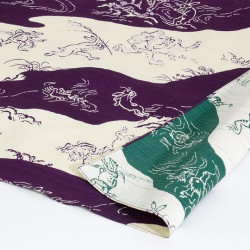 Japanese reversible furoshiki in purple and green cotton with monkey and rabbit pattern, CHOJU JINBUTSU GIGA, 48 x 48 cm