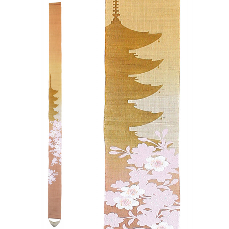 Tapiz japonés fino en cáñamo amarillo rosado pintado a mano con patrón de pagoda de 5 pisos, GOJUNOTO, 10x170cm