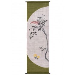 Hand painted green and beige hemp tapestry with leaves and berries pattern, NANTEN FUKU, 45x150cm