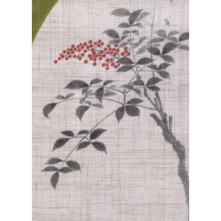 Tapisserie en chanvre verte et beige peinte à la main motif feuilles et baies, NANTEN FUKU, 45x150cm 