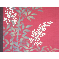 Hand painted red and purple hemp tapestry with leaves and berries pattern, SHIRO NANTEN, 45x150cm