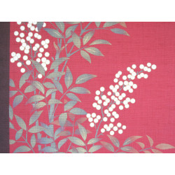 Tapisserie en chanvre rouge et violette peinte à la main motif feuilles et baies, SHIRO NANTEN, 45x150cm 