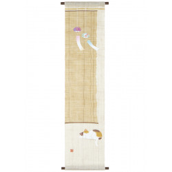 Handbemalter Hanfteppich beige mit Katzen- und Windglockenmuster, HIRU NEKO NI FURIN, 30x130cm