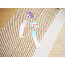 Hand painted beige hemp tapestry with cat and windbells, HIRU NEKO NI FURIN, 30x130cm