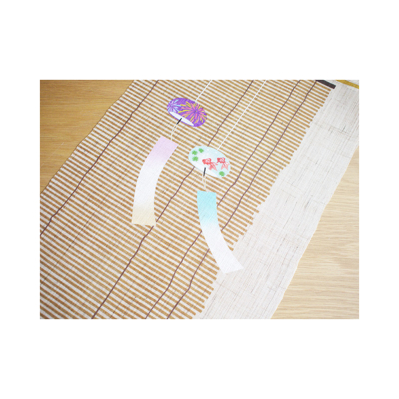 Tapisserie en chanvre beige peinte à la main motif chat et cloches à vent, HIRU NEKO NI FURIN, 30x130cm 