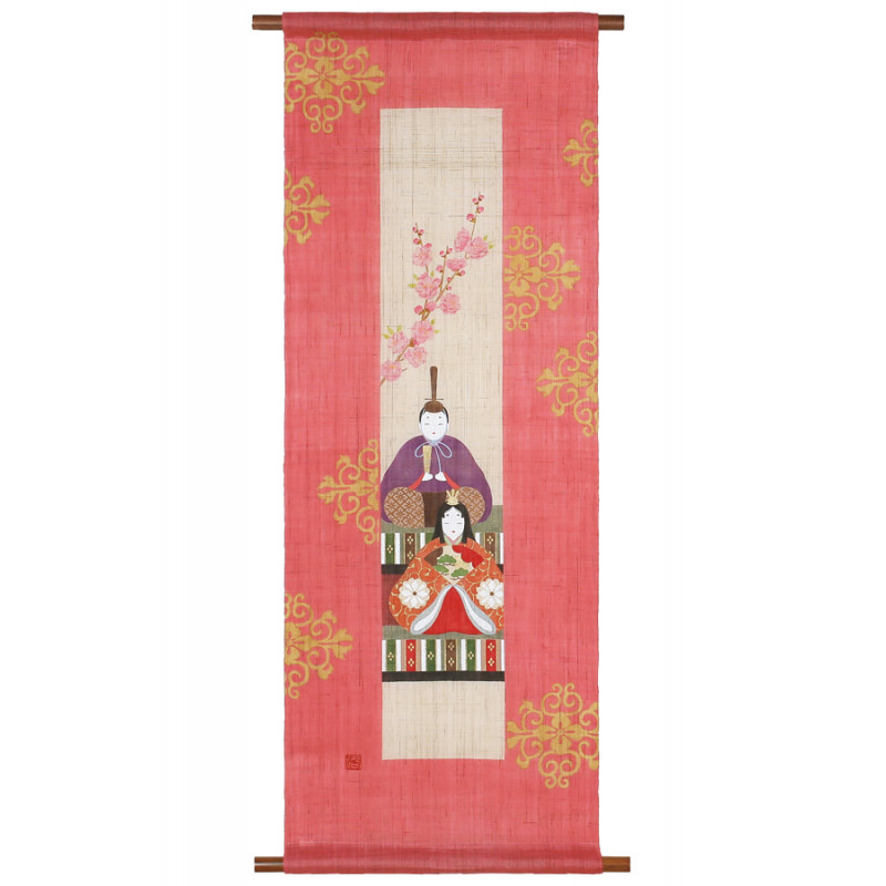 Arazzo di canapa rosa dipinto a mano con fiori di pesco e motivo bambole imperiali, TANZAKU MOMOHINA, 45x120cm