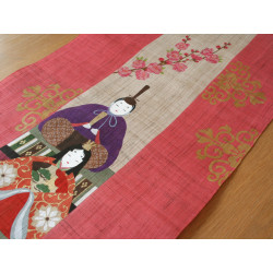 Tapisserie en chanvre rose peinte à la main motif fleurs de pêche et poupées impériales, TANZAKU MOMOHINA, 45x120cm 