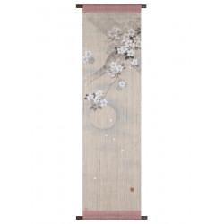 Hand painted beige and pink hemp tapestry cherry blossom and moon pattern, YOI NO TSUKI, 36x130cm