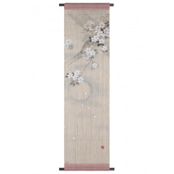 Tapisserie en chanvre beige et rose peinte à la main motif fleurs de cerisier et lune, YOI NO TSUKI, 36x130cm 