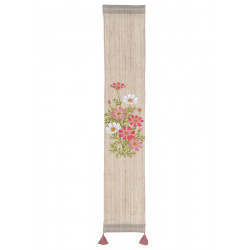 Fine Japanese hand-painted beige hemp tapestry with cosmos flowers pattern, KOSUMOSU, 10x60cm