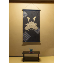 Hand painted blue hemp tapestry kabuto helmet pattern, KABUTO, 60x120cm