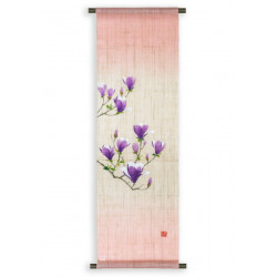 Tapisserie en chanvre beige peinte à la main motif fleurs violettes et blanches, MOKUREN, 30x100cm 