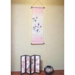 Hand painted beige hemp tapestry with purple and white flowers pattern, MOKUREN, 30x100cm