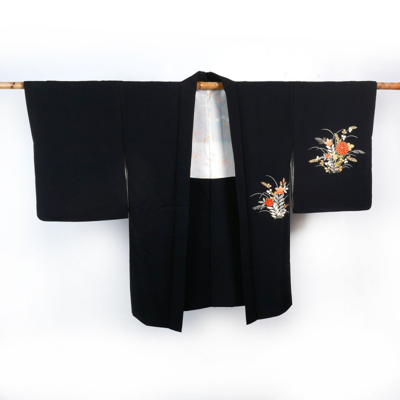 Haori nero vintage giapponese, disegno di fiori selvatici, YASEI NO HANA