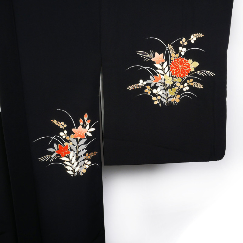 Vintage black Japanese haori, wild flowers design, YASEI NO HANA