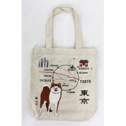 Sac A4 size bag japonais blanc en coton, TOKYO, chien shiba