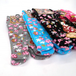 Chaussettes japonaises tabi en coton motif fleurs et fille,MUSUME , couleur au choix, 22 - 25cm