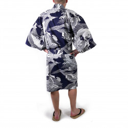 Japanese traditional blue navy cotton happi coat kimono carp for men