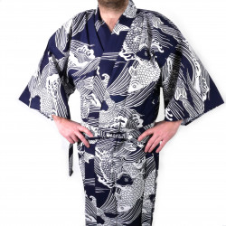 happi kimono giapponese blu in cotone, Koi, Carpa