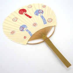 Japanischer nicht faltbarer Uchiwa-Fächer aus Papier und Bambus mit Windspielmuster, FURIN, 31x21,5 cm