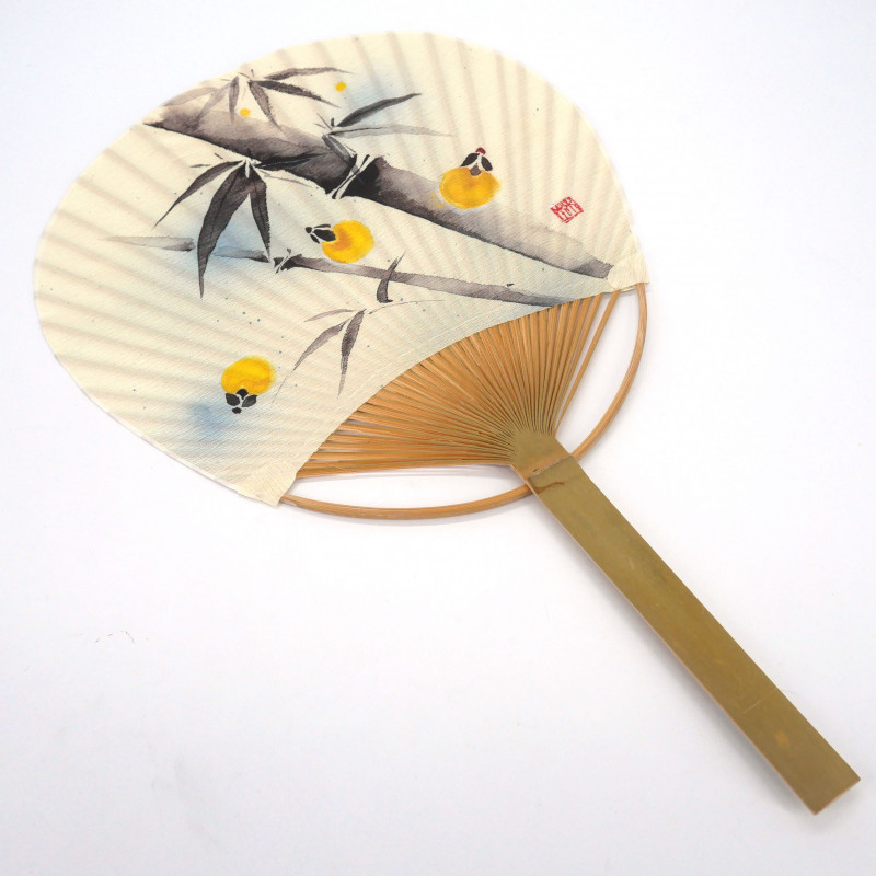 Éventail japonais non pliant uchiwa en papier et bamboo motif Bambou,TAKE, 38x24,5 cm