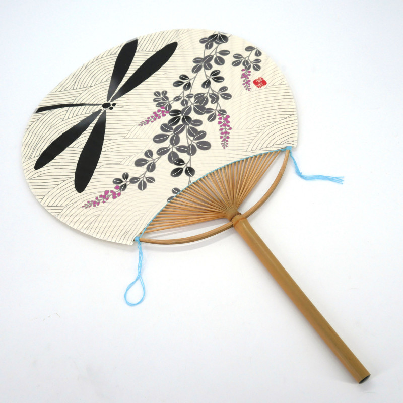 Éventail japonais non pliant uchiwa en papier et bamboo motif Libellule, TONBO, 38x24 cm