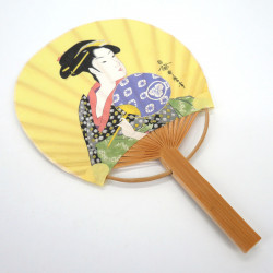 Abanico uchiwa japonés no plegable en papel y bambú, diseño Utamaro Ohisa, 17,5 x 11,5 cm